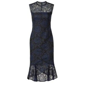 Shoshanna Reika Dress Womens 2 Navy Blue Lace Ruffle Hem Sheath